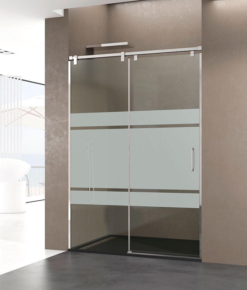Mampara de acero fijo + puerta corrediza con cristales serigrafiados Frost Plus ambiente Baño