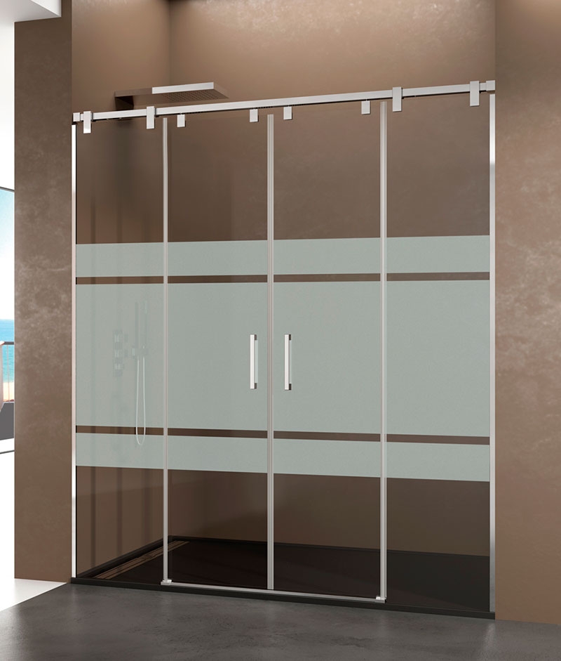 Mampara de acero 2 fijos + 2 puertas corredizas con cristales serigrafiados Frost Plus ambiente Baño