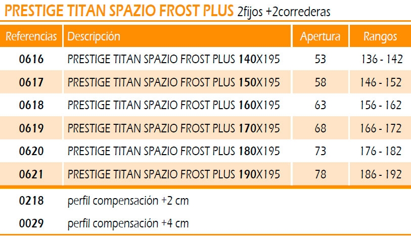 Medidas y márgenes de montaje para las mamparas frontales GME Prestige Titan con cristal serigrafiado Frost Plus