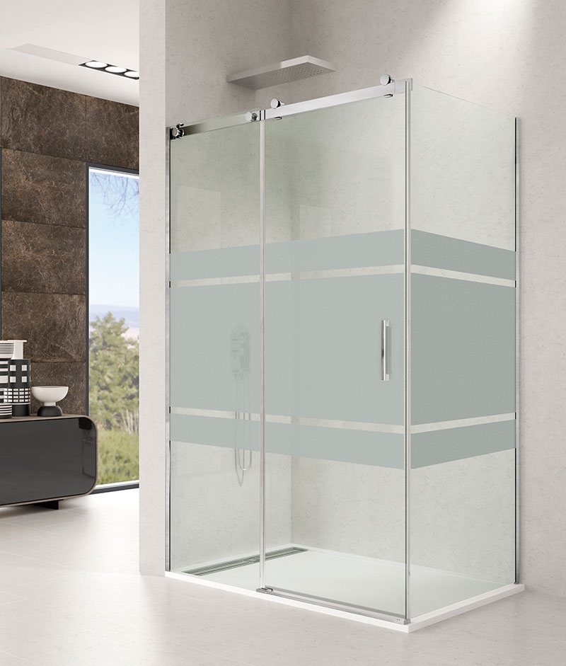 Mampara rectangular con lateral fijo en inox Rotary serigrafiada Frost Plus