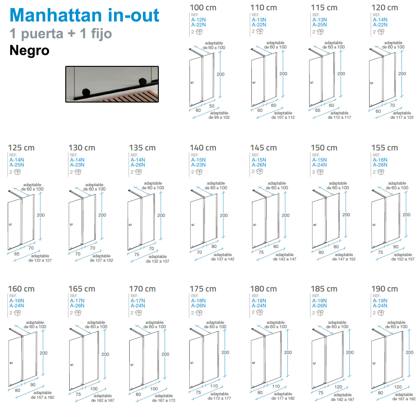 Medidas Mamparas de ducha fijas manhattan in-out negro